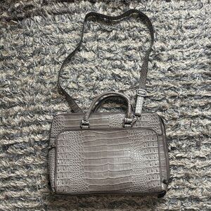 Bueno Croc-Embossed Structured Satchel in Taupe, Silver Hardware, Laptop, Unisex
